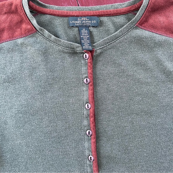 Lauren Ralph Lauren Hunter Green and Brown Suede Henley Shirt - Picture 2 of 8